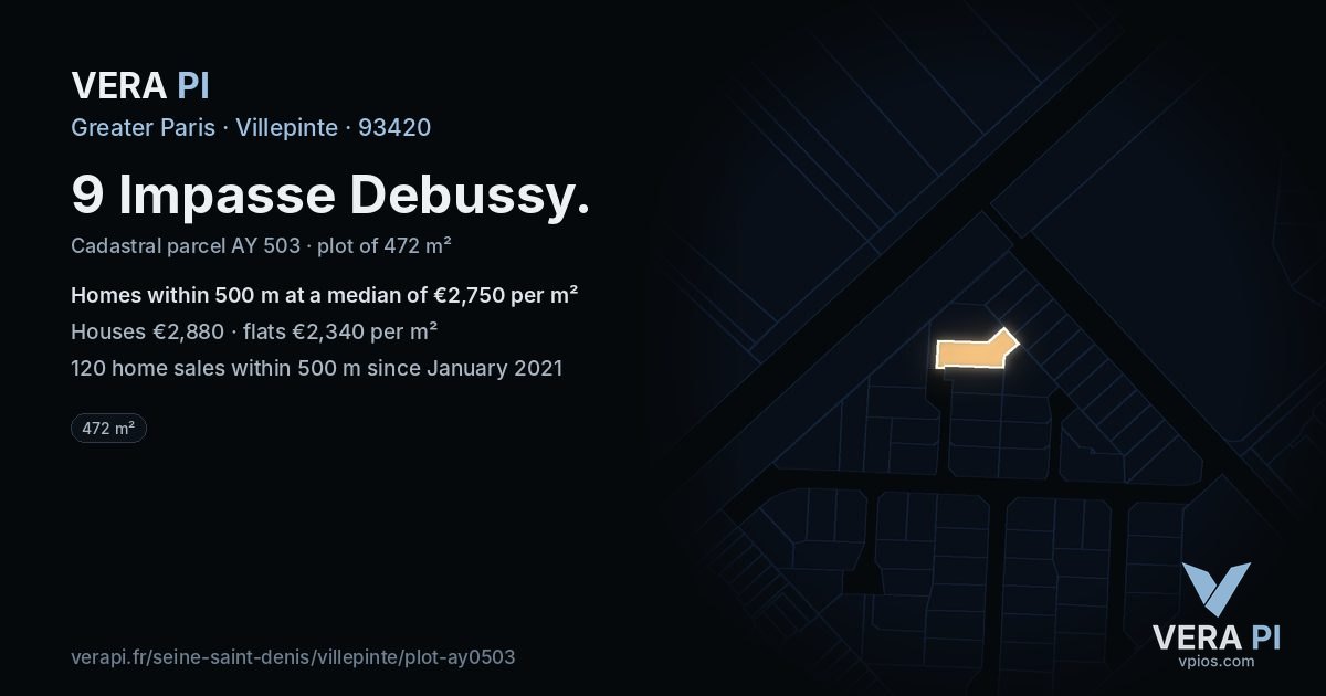 9 Impasse Debussy, Villepinte at night – the plot lit, the parcels around coloured by the prices near them