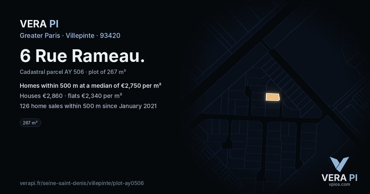 6 Rue Rameau, Villepinte at night – the plot lit, the parcels around coloured by the prices near them