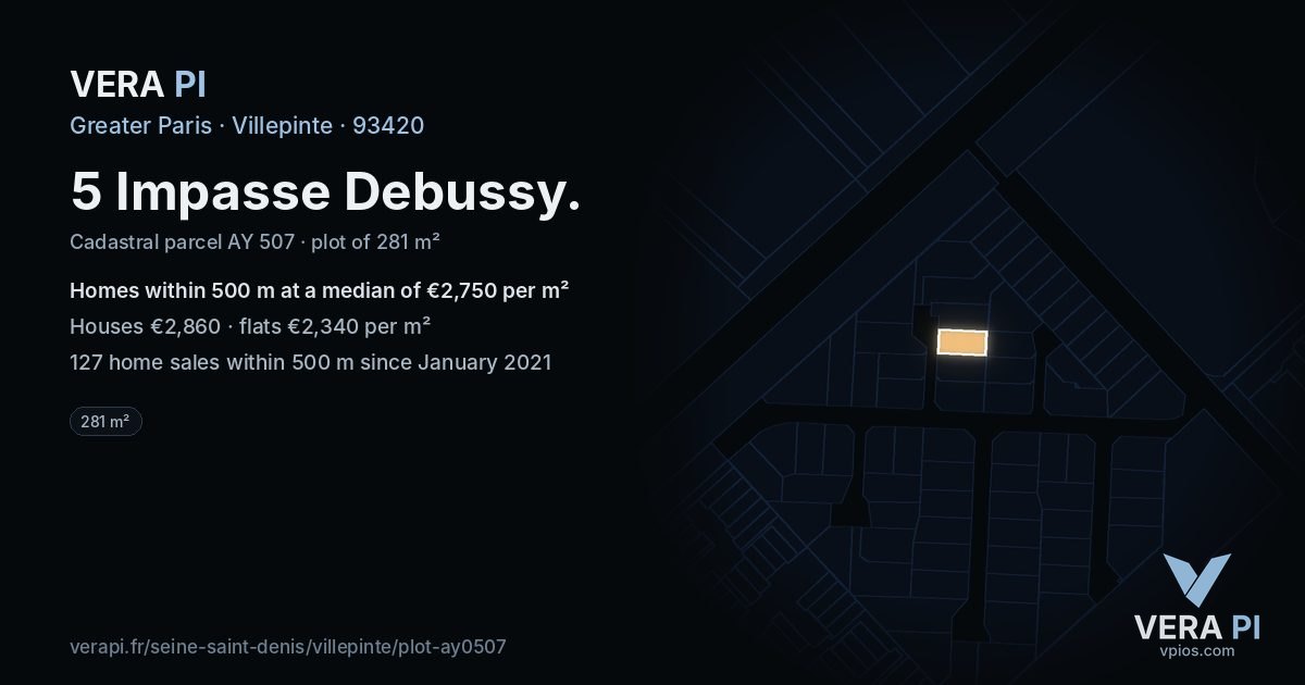 5 Impasse Debussy, Villepinte at night – the plot lit, the parcels around coloured by the prices near them