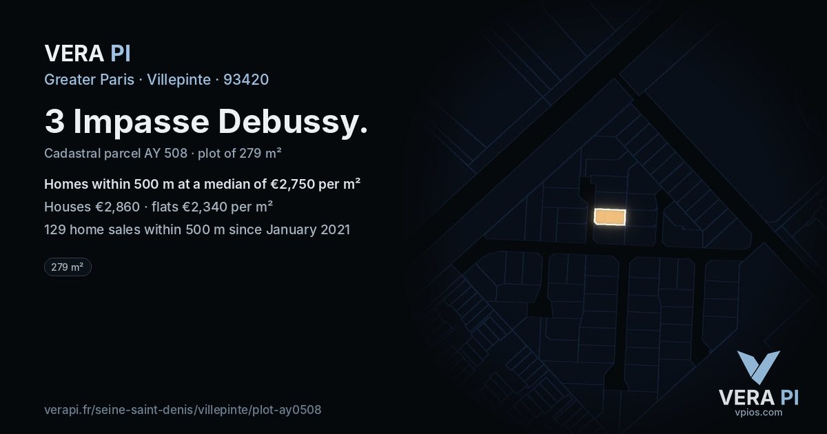 3 Impasse Debussy, Villepinte at night – the plot lit, the parcels around coloured by the prices near them