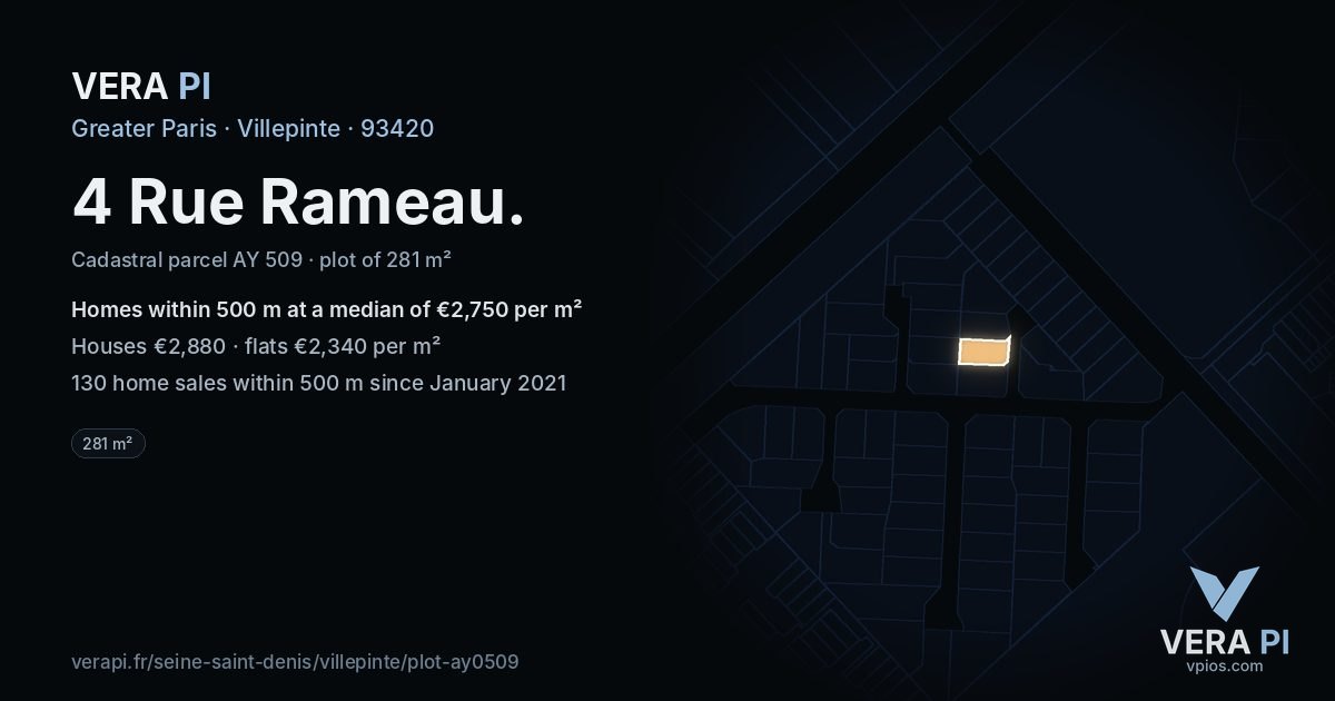 4 Rue Rameau, Villepinte at night – the plot lit, the parcels around coloured by the prices near them