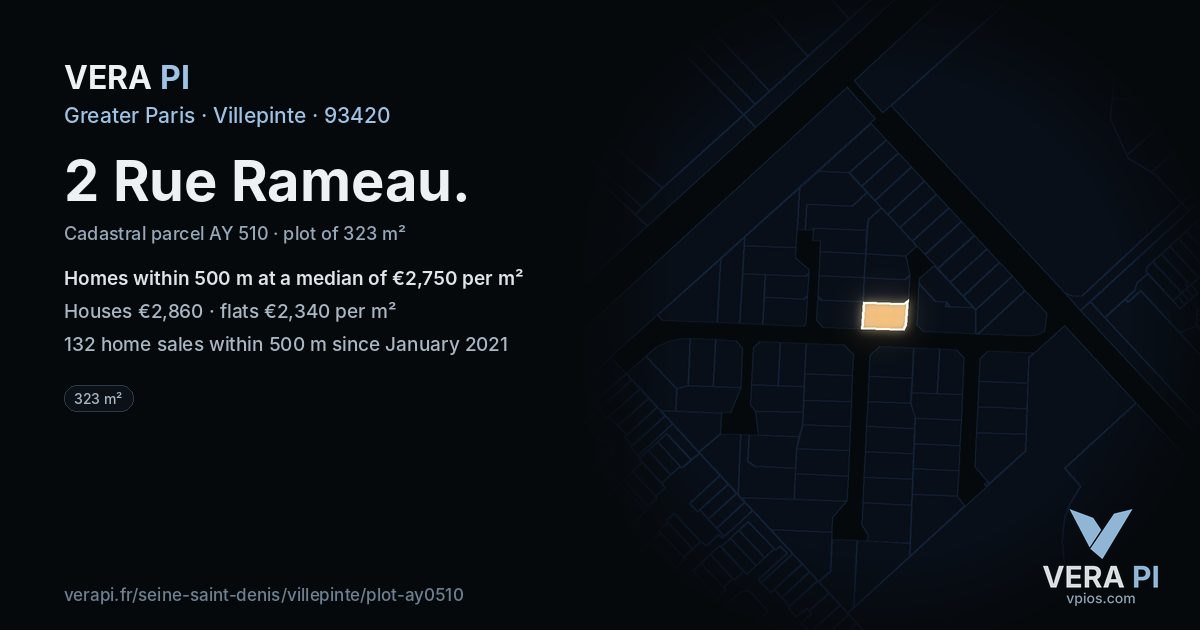 2 Rue Rameau, Villepinte at night – the plot lit, the parcels around coloured by the prices near them