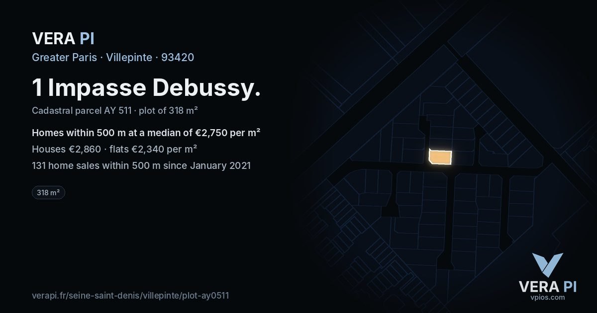 1 Impasse Debussy, Villepinte at night – the plot lit, the parcels around coloured by the prices near them