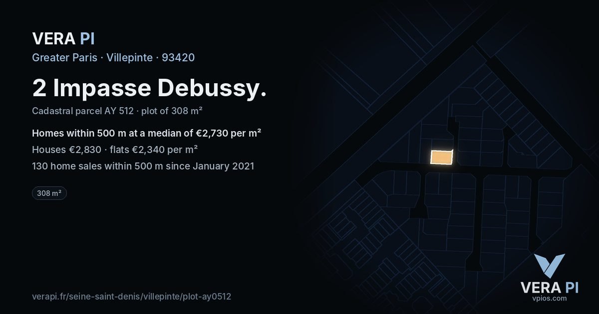 2 Impasse Debussy, Villepinte at night – the plot lit, the parcels around coloured by the prices near them
