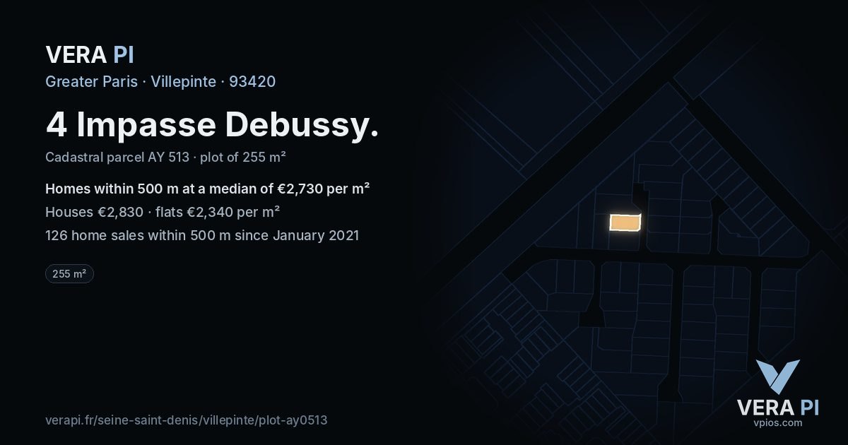 4 Impasse Debussy, Villepinte at night – the plot lit, the parcels around coloured by the prices near them