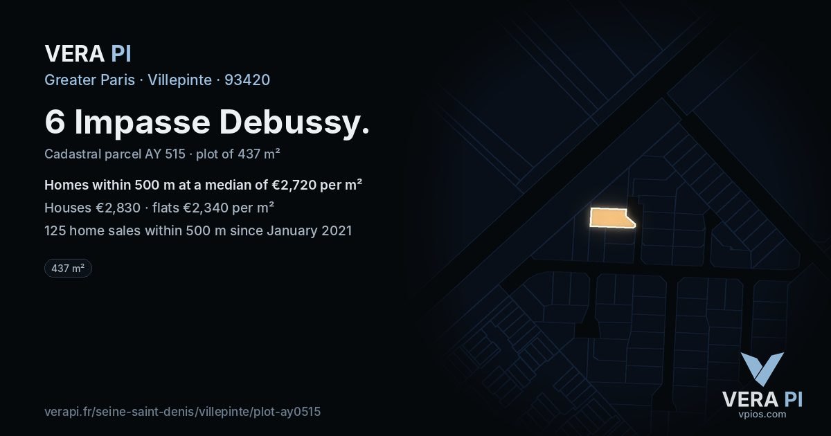 6 Impasse Debussy, Villepinte at night – the plot lit, the parcels around coloured by the prices near them