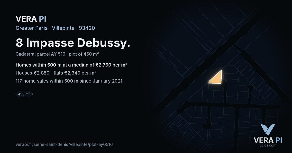 8 Impasse Debussy, Villepinte at night – the plot lit, the parcels around coloured by the prices near them