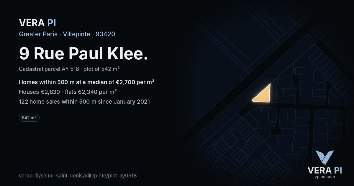 9 Rue Paul Klee, Villepinte at night – the plot lit, the parcels around coloured by the prices near them