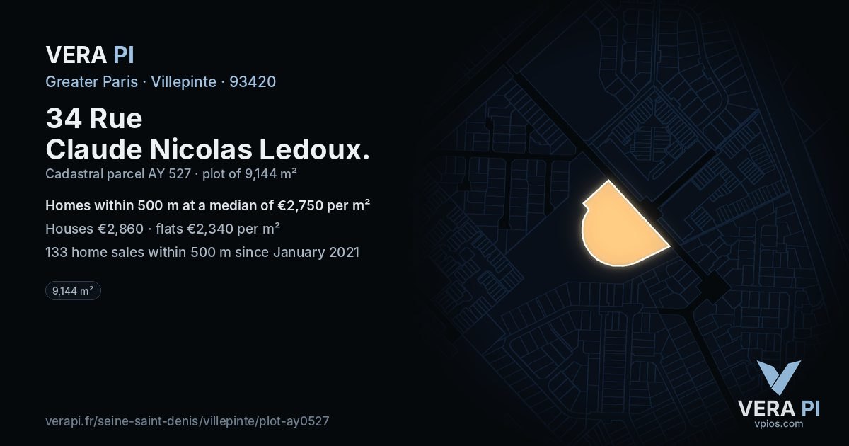 34 Rue Claude Nicolas Ledoux, Villepinte at night – the plot lit, the parcels around coloured by the prices near them