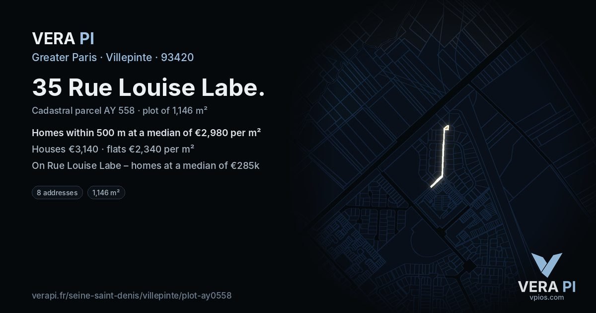 35 Rue Louise Labe, Villepinte at night – the plot lit, the parcels around coloured by the prices near them
