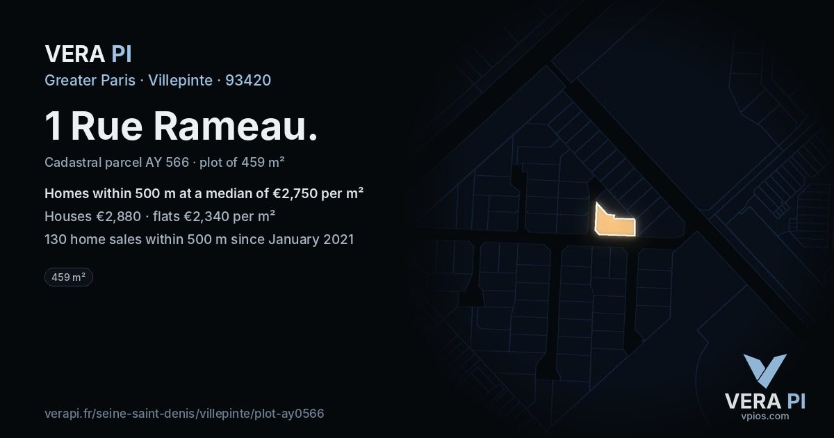 1 Rue Rameau, Villepinte at night – the plot lit, the parcels around coloured by the prices near them