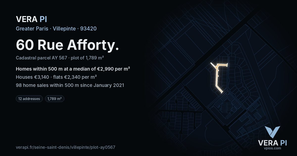 60 Rue Afforty, Villepinte at night – the plot lit, the parcels around coloured by the prices near them