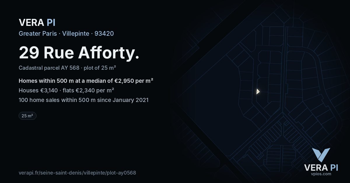 29 Rue Afforty, Villepinte at night – the plot lit, the parcels around coloured by the prices near them