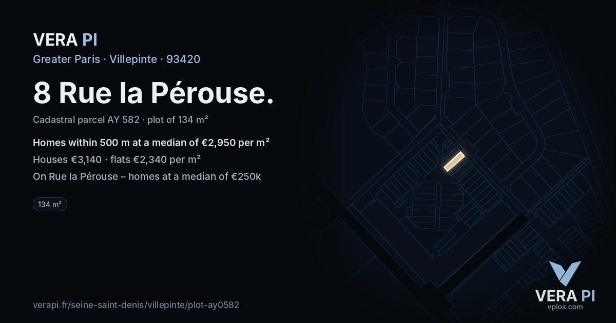 8 Rue la Pérouse, Villepinte at night – the plot lit, the parcels around coloured by the prices near them