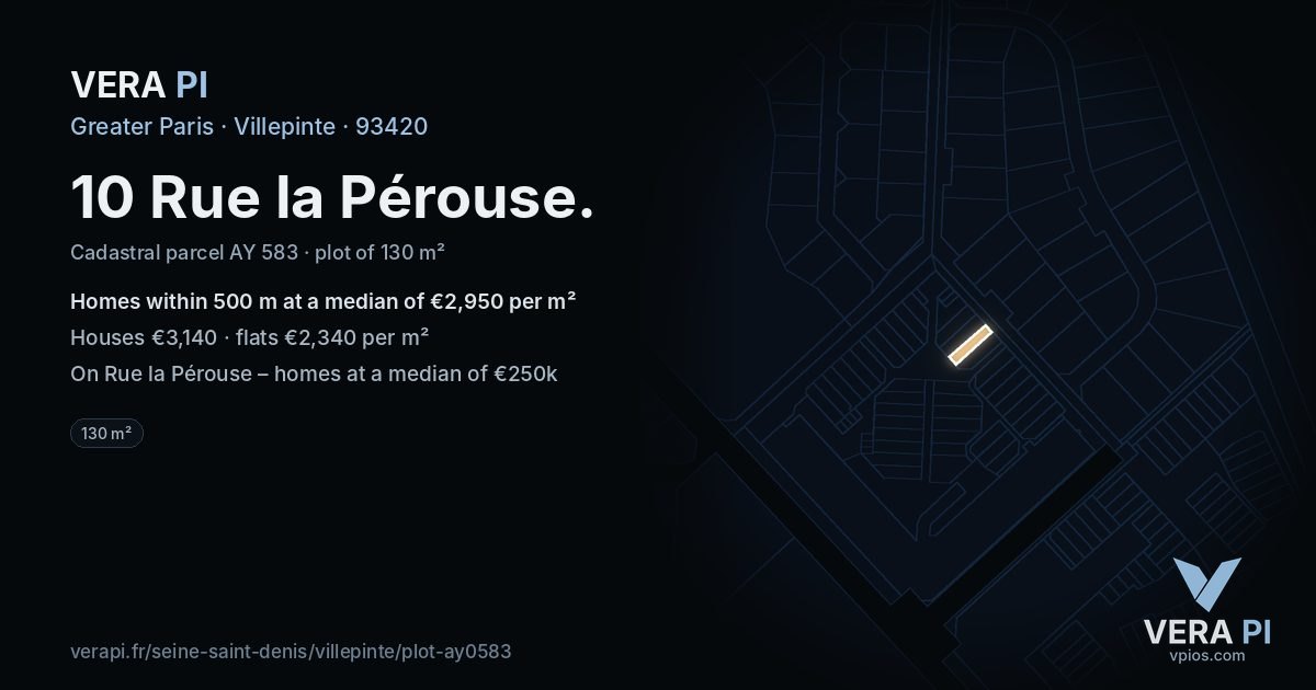 10 Rue la Pérouse, Villepinte at night – the plot lit, the parcels around coloured by the prices near them