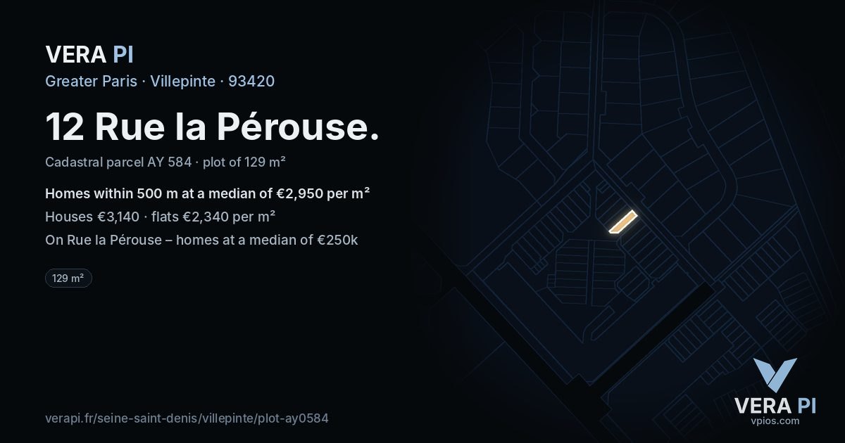 12 Rue la Pérouse, Villepinte at night – the plot lit, the parcels around coloured by the prices near them