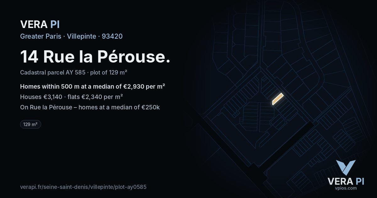 14 Rue la Pérouse, Villepinte at night – the plot lit, the parcels around coloured by the prices near them