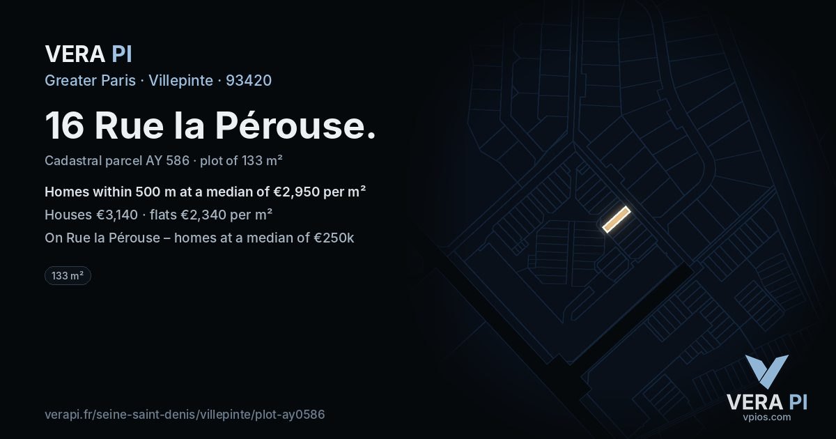 16 Rue la Pérouse, Villepinte at night – the plot lit, the parcels around coloured by the prices near them