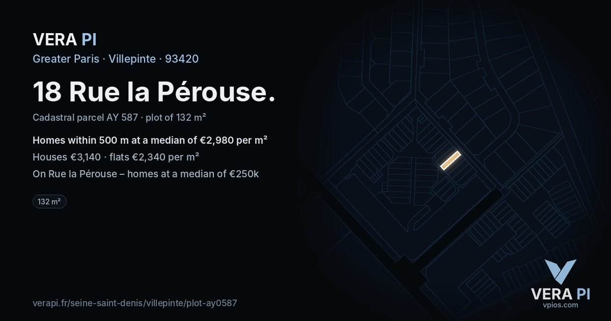 18 Rue la Pérouse, Villepinte at night – the plot lit, the parcels around coloured by the prices near them