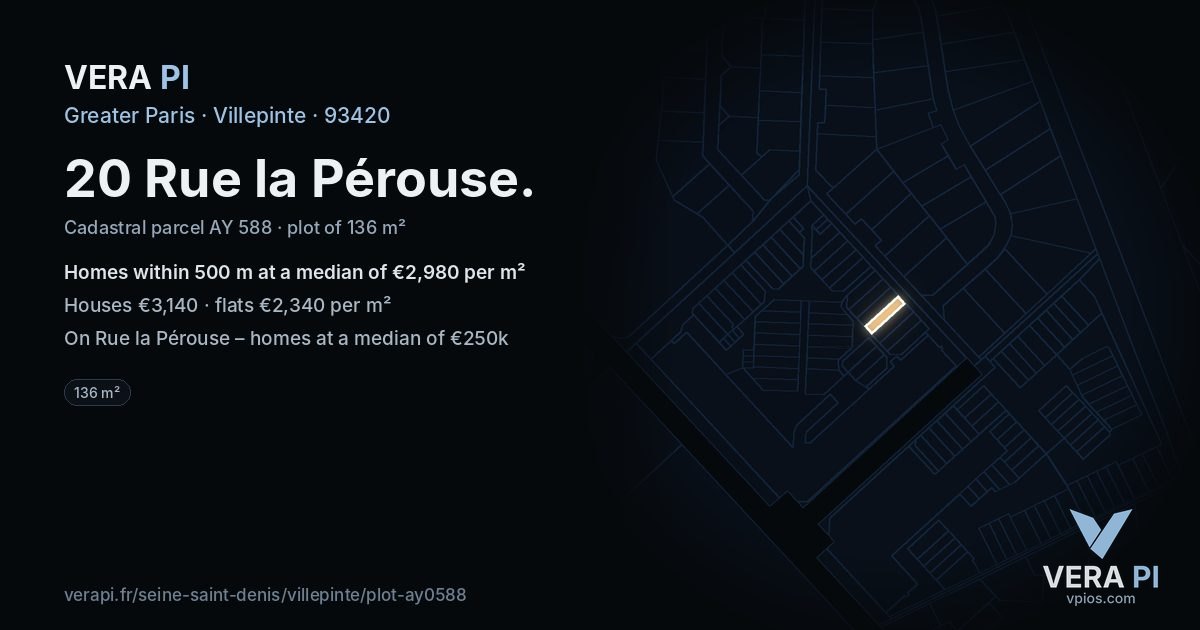 20 Rue la Pérouse, Villepinte at night – the plot lit, the parcels around coloured by the prices near them