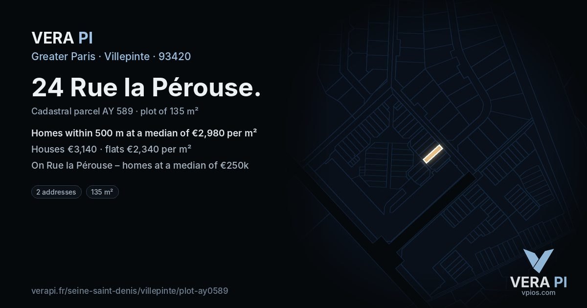 24 Rue la Pérouse, Villepinte at night – the plot lit, the parcels around coloured by the prices near them