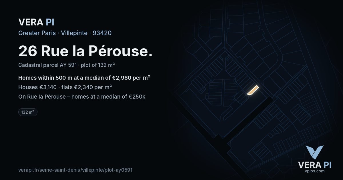 26 Rue la Pérouse, Villepinte at night – the plot lit, the parcels around coloured by the prices near them