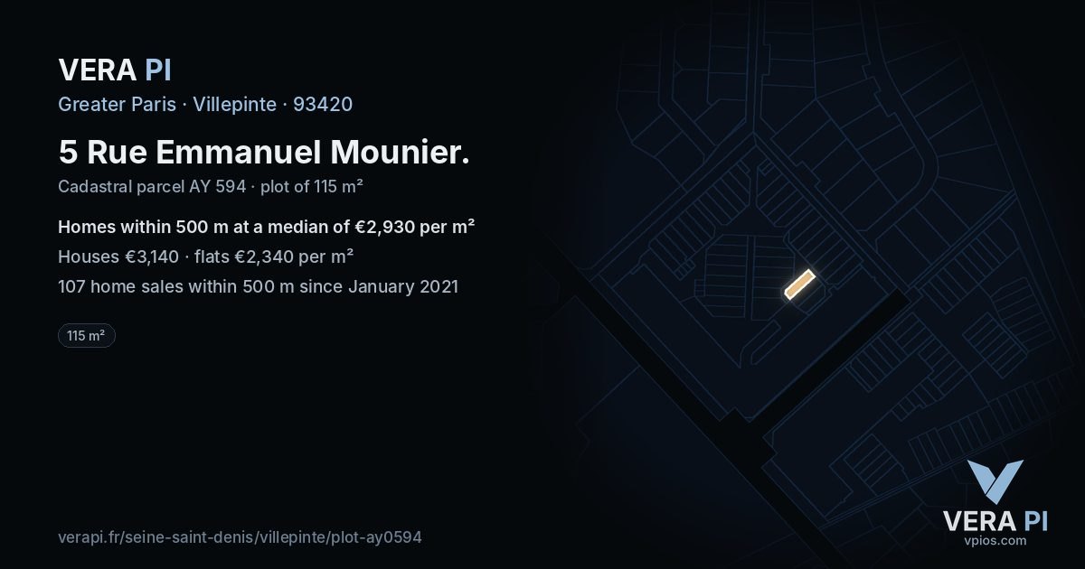 5 Rue Emmanuel Mounier, Villepinte at night – the plot lit, the parcels around coloured by the prices near them
