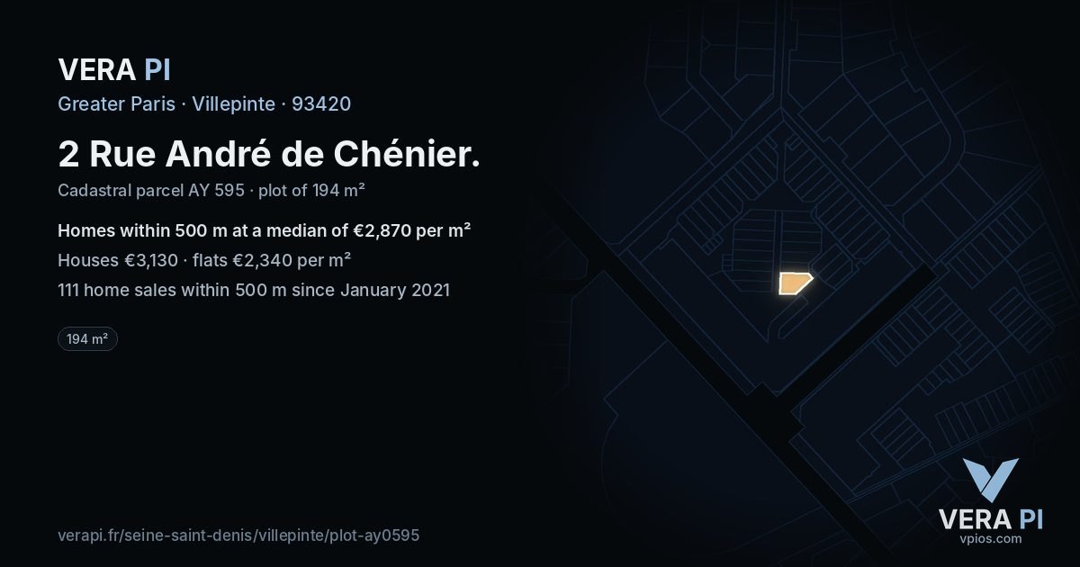 2 Rue André de Chénier, Villepinte at night – the plot lit, the parcels around coloured by the prices near them