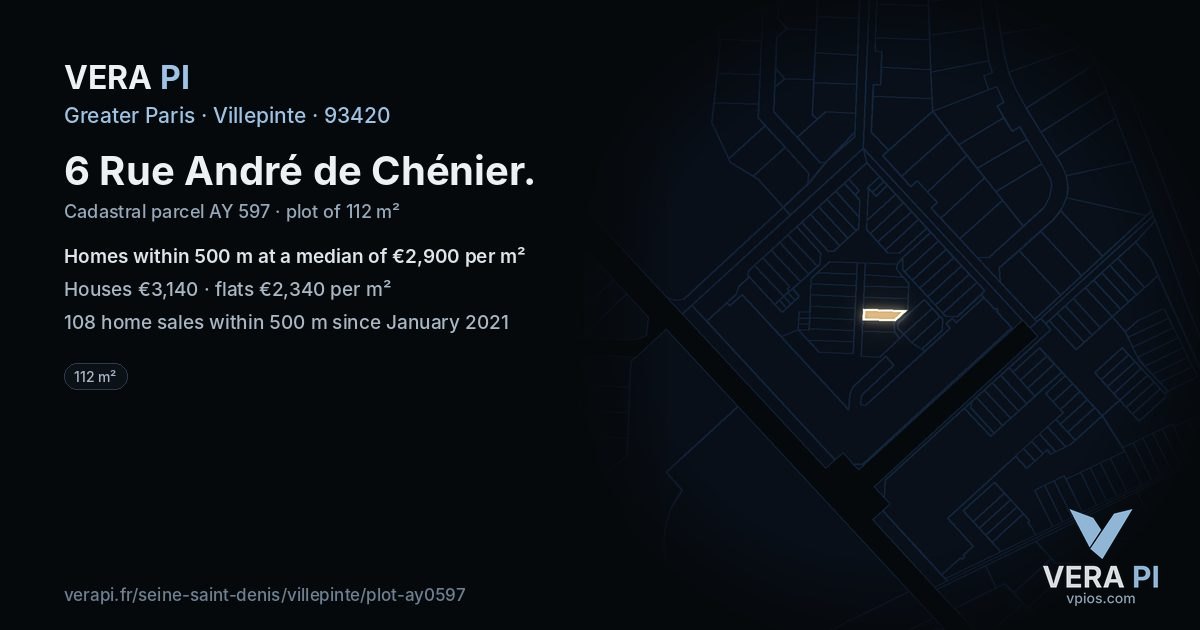 6 Rue André de Chénier, Villepinte at night – the plot lit, the parcels around coloured by the prices near them