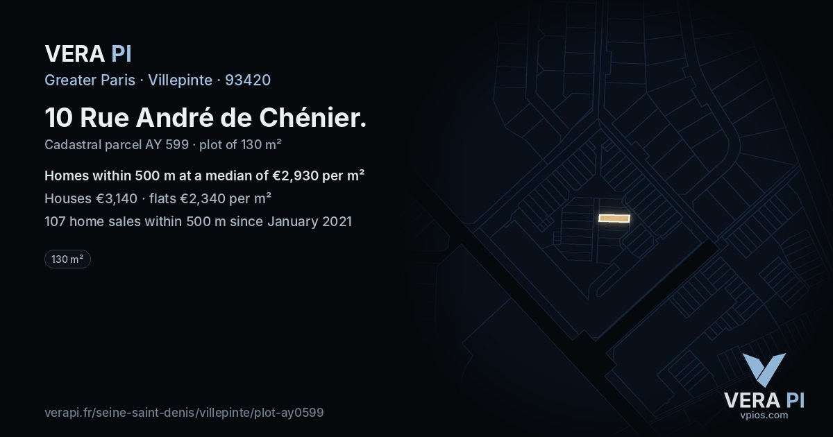 10 Rue André de Chénier, Villepinte at night – the plot lit, the parcels around coloured by the prices near them