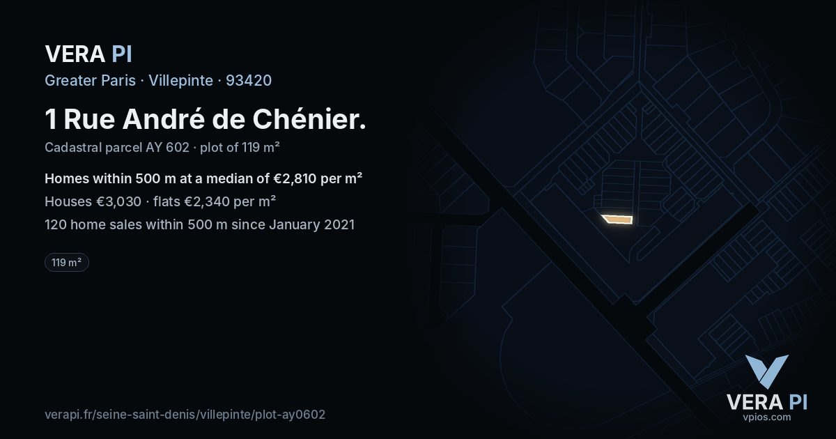 1 Rue André de Chénier, Villepinte at night – the plot lit, the parcels around coloured by the prices near them