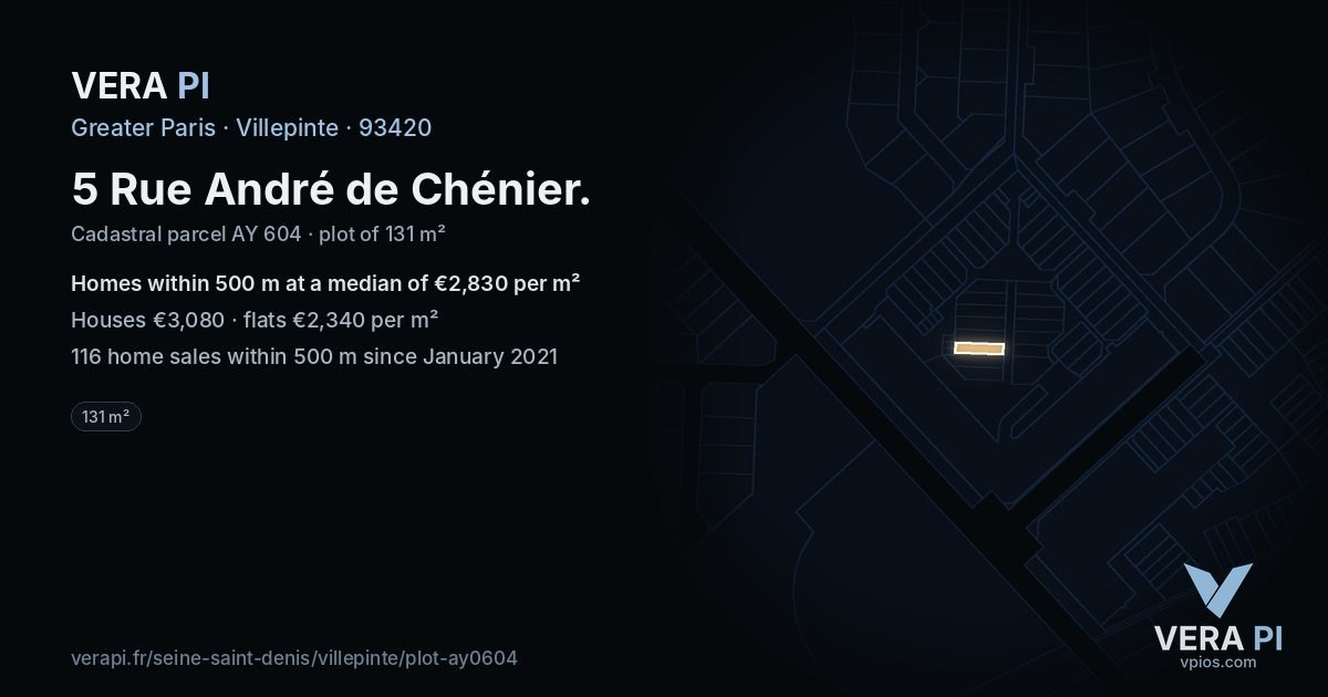 5 Rue André de Chénier, Villepinte at night – the plot lit, the parcels around coloured by the prices near them