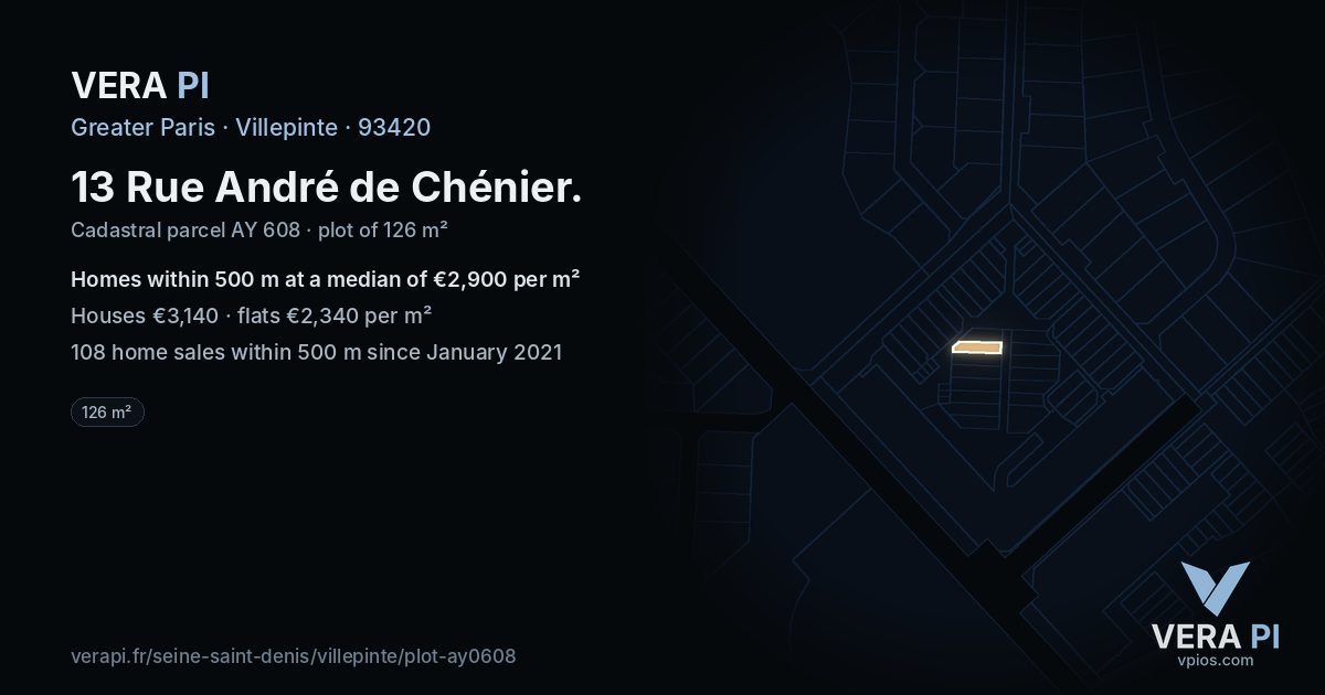 13 Rue André de Chénier, Villepinte at night – the plot lit, the parcels around coloured by the prices near them