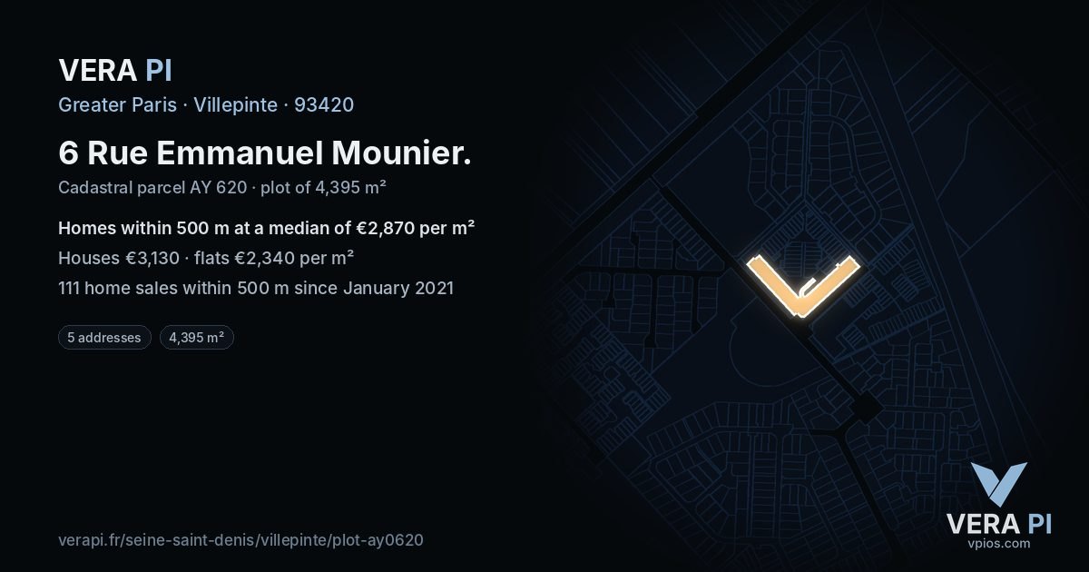 6 Rue Emmanuel Mounier, Villepinte at night – the plot lit, the parcels around coloured by the prices near them
