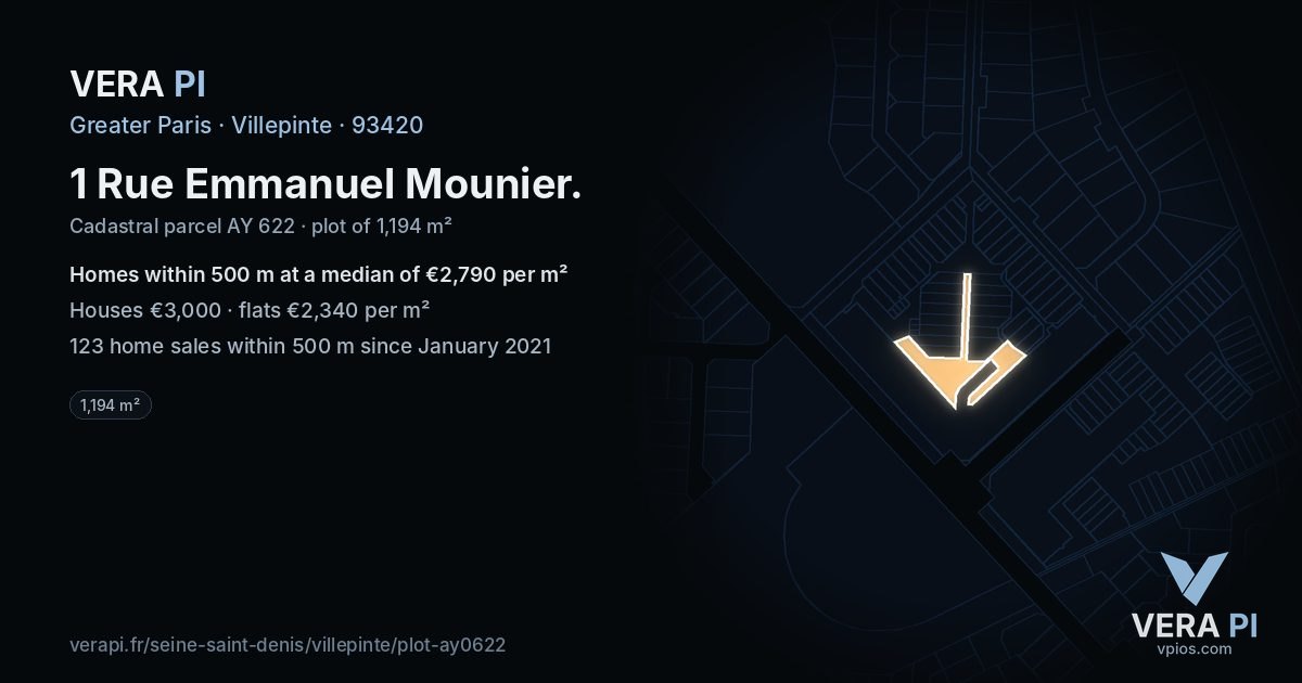 1 Rue Emmanuel Mounier, Villepinte at night – the plot lit, the parcels around coloured by the prices near them