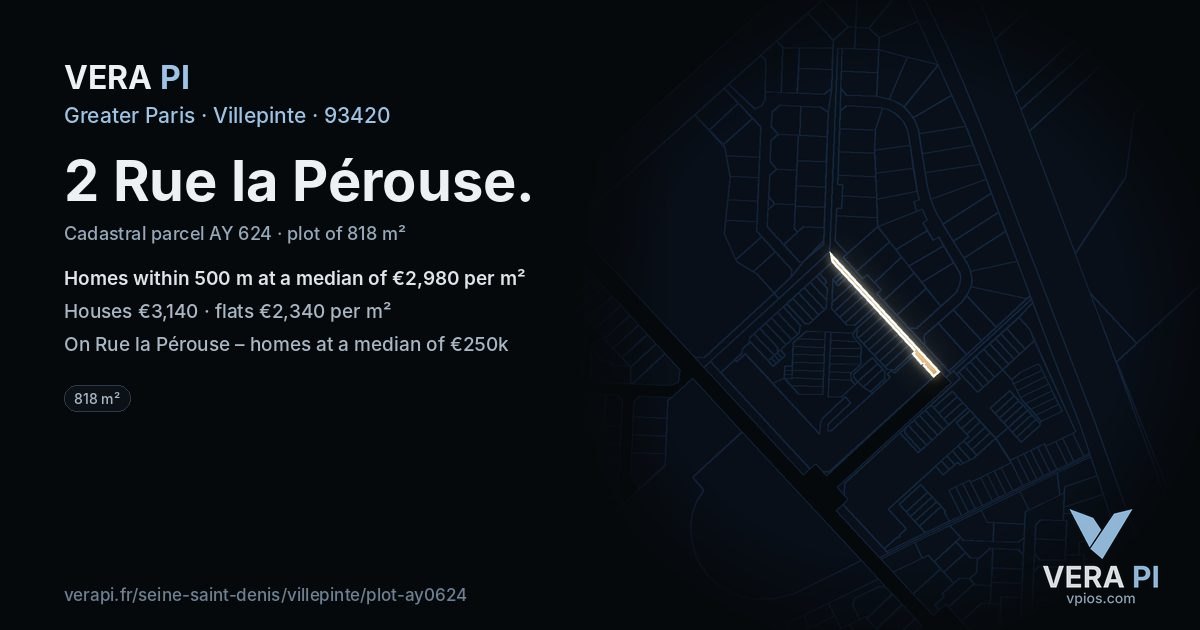 2 Rue la Pérouse, Villepinte at night – the plot lit, the parcels around coloured by the prices near them