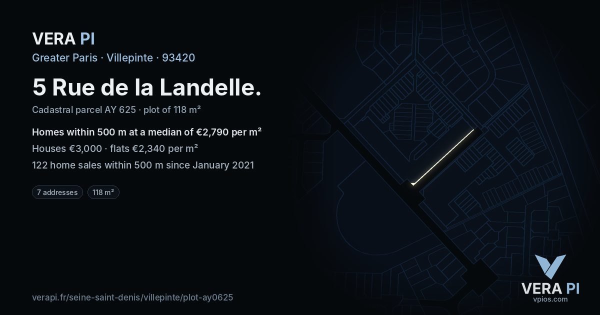 5 Rue de la Landelle, Villepinte at night – the plot lit, the parcels around coloured by the prices near them