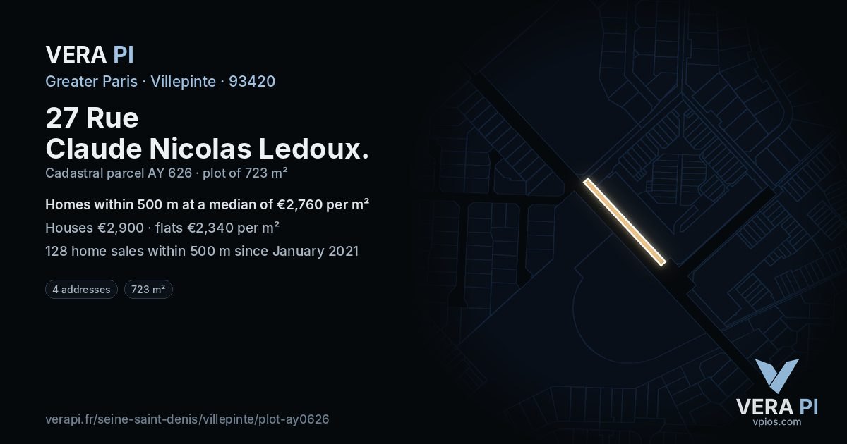 27 Rue Claude Nicolas Ledoux, Villepinte at night – the plot lit, the parcels around coloured by the prices near them