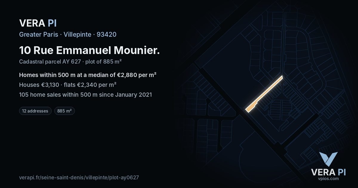 10 Rue Emmanuel Mounier, Villepinte at night – the plot lit, the parcels around coloured by the prices near them