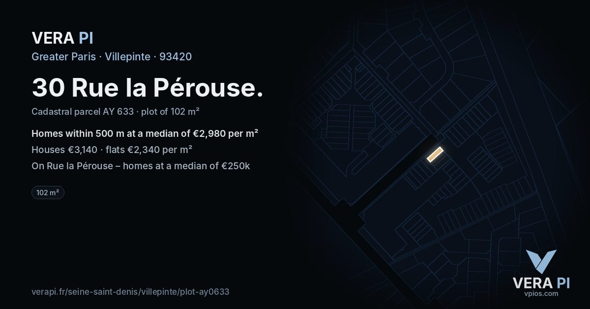 30 Rue la Pérouse, Villepinte at night – the plot lit, the parcels around coloured by the prices near them