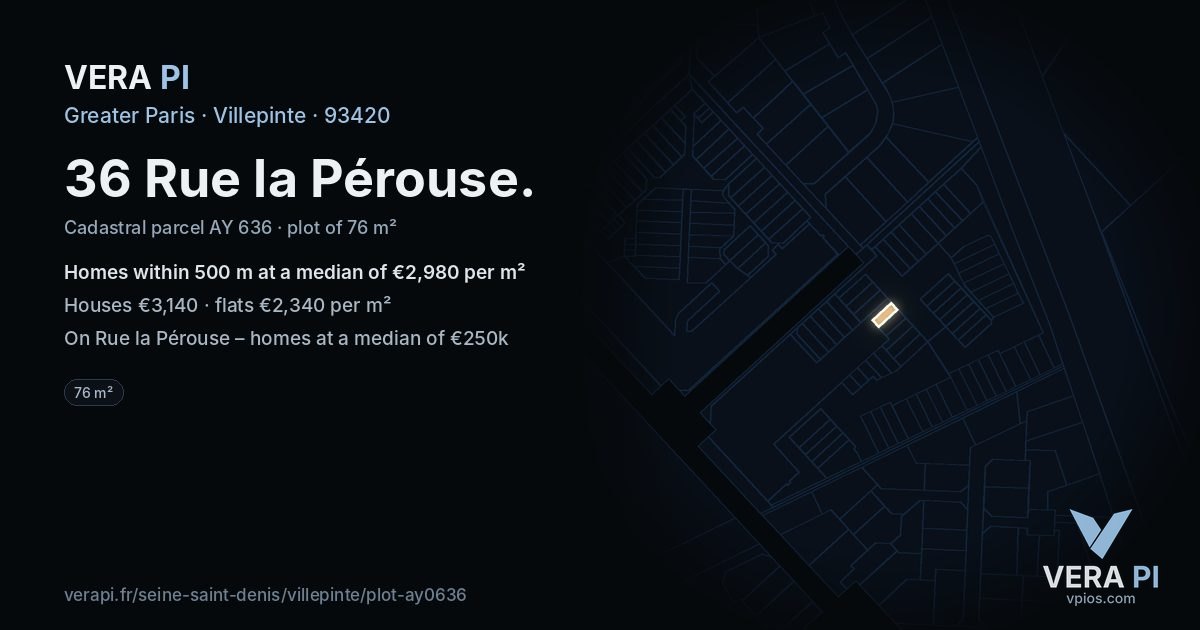 36 Rue la Pérouse, Villepinte at night – the plot lit, the parcels around coloured by the prices near them