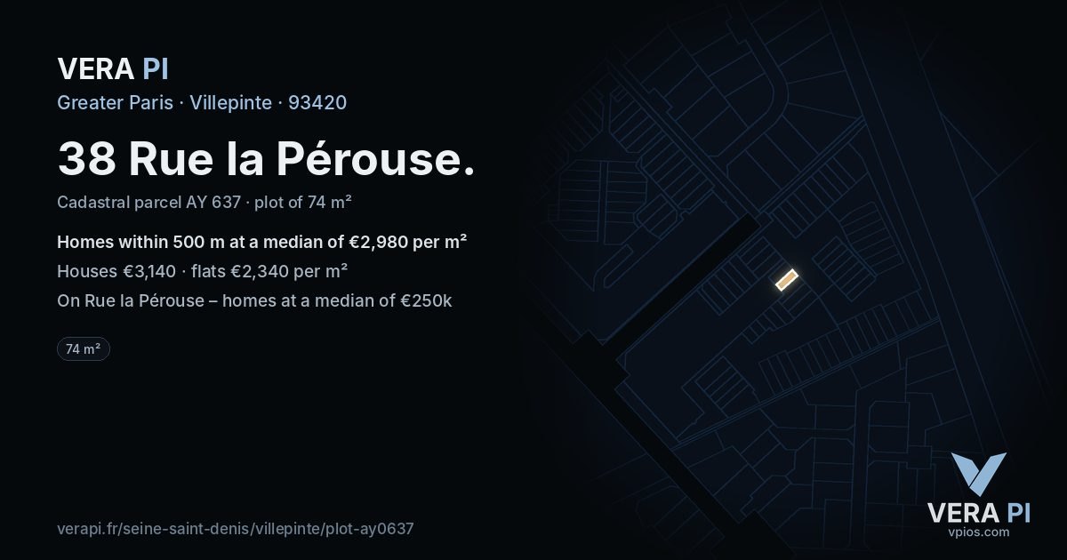 38 Rue la Pérouse, Villepinte at night – the plot lit, the parcels around coloured by the prices near them