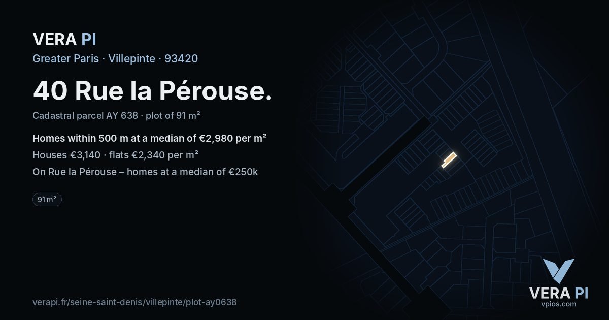 40 Rue la Pérouse, Villepinte at night – the plot lit, the parcels around coloured by the prices near them