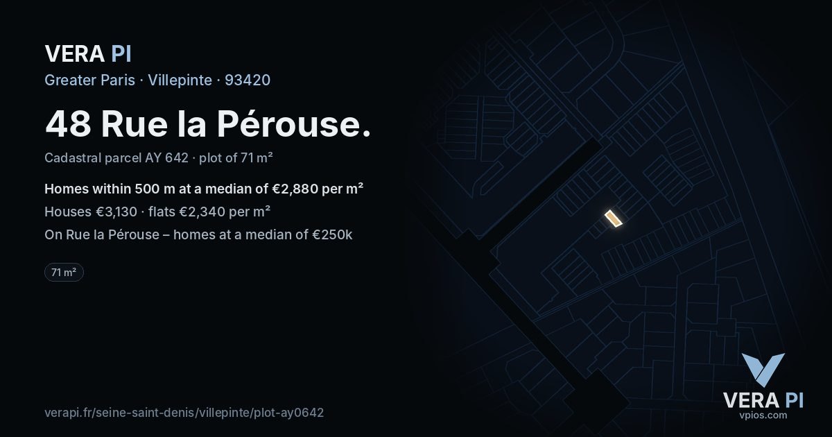48 Rue la Pérouse, Villepinte at night – the plot lit, the parcels around coloured by the prices near them
