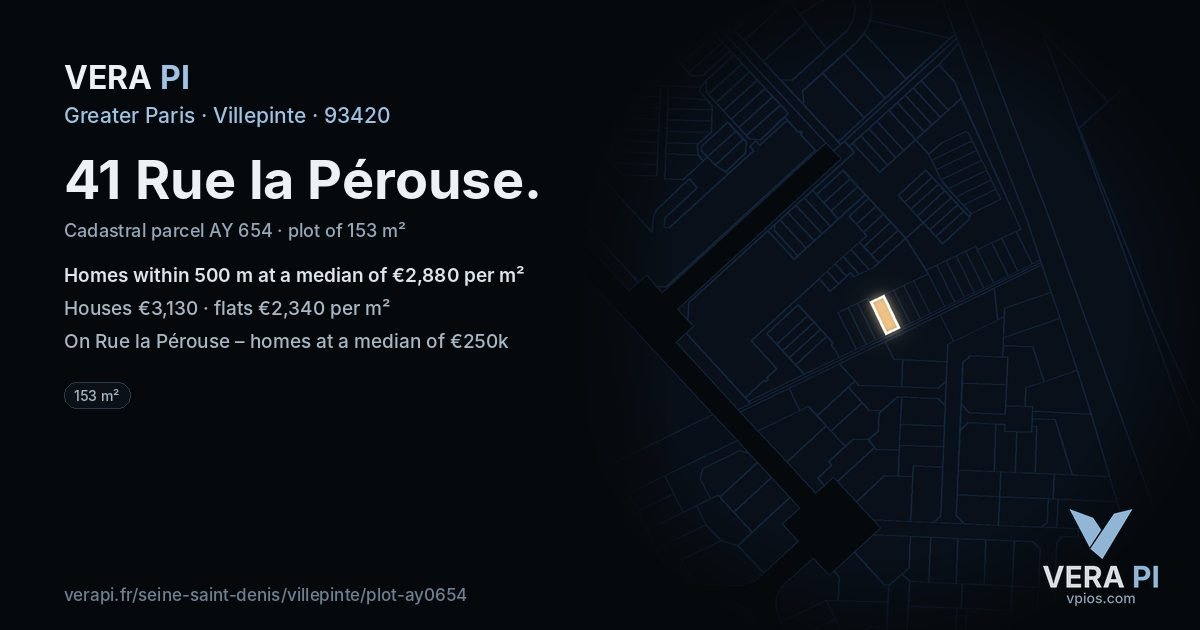 41 Rue la Pérouse, Villepinte at night – the plot lit, the parcels around coloured by the prices near them