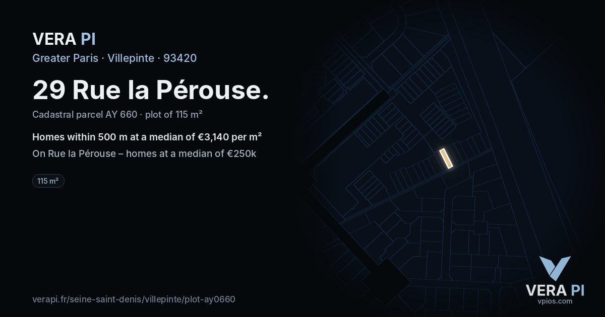 29 Rue la Pérouse, Villepinte at night – the plot lit, the parcels around coloured by the prices near them