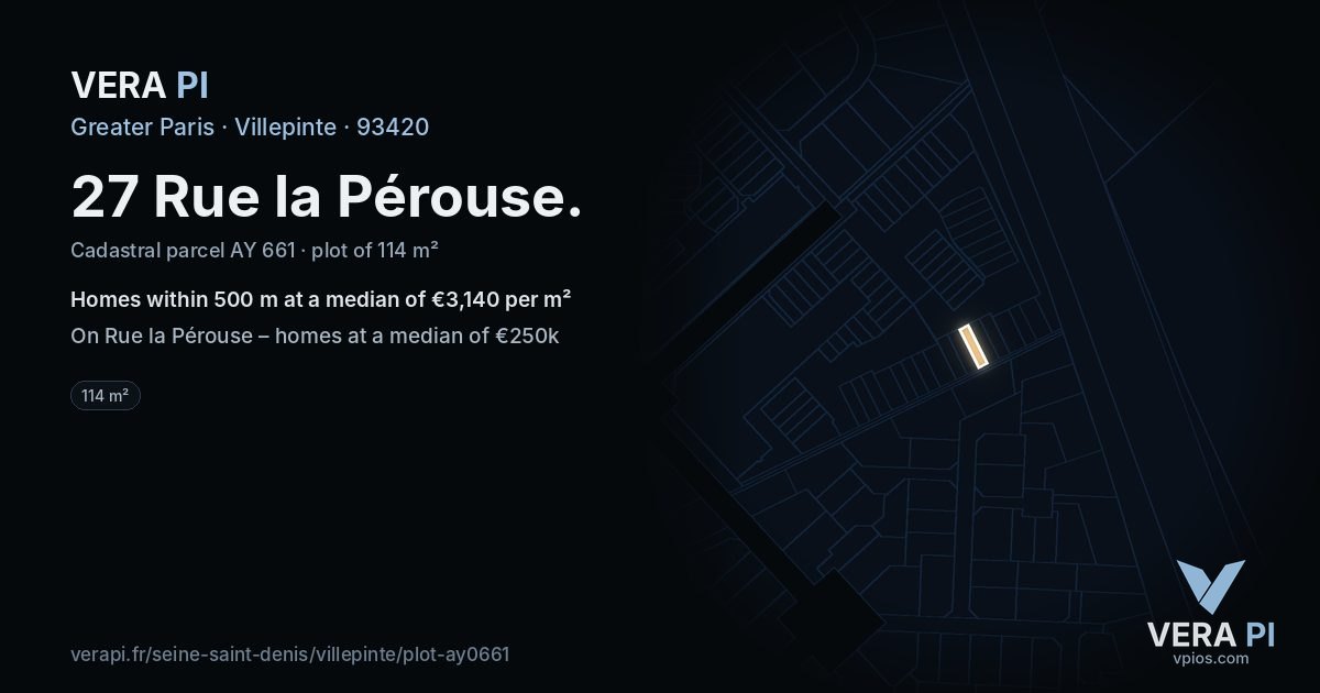 27 Rue la Pérouse, Villepinte at night – the plot lit, the parcels around coloured by the prices near them