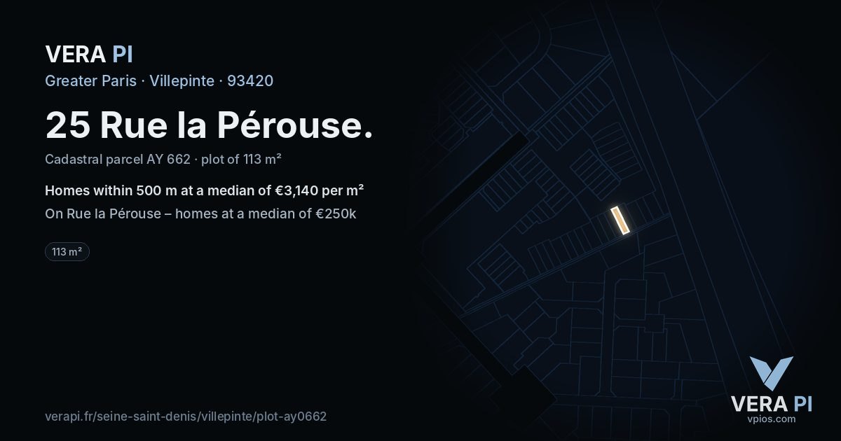 25 Rue la Pérouse, Villepinte at night – the plot lit, the parcels around coloured by the prices near them