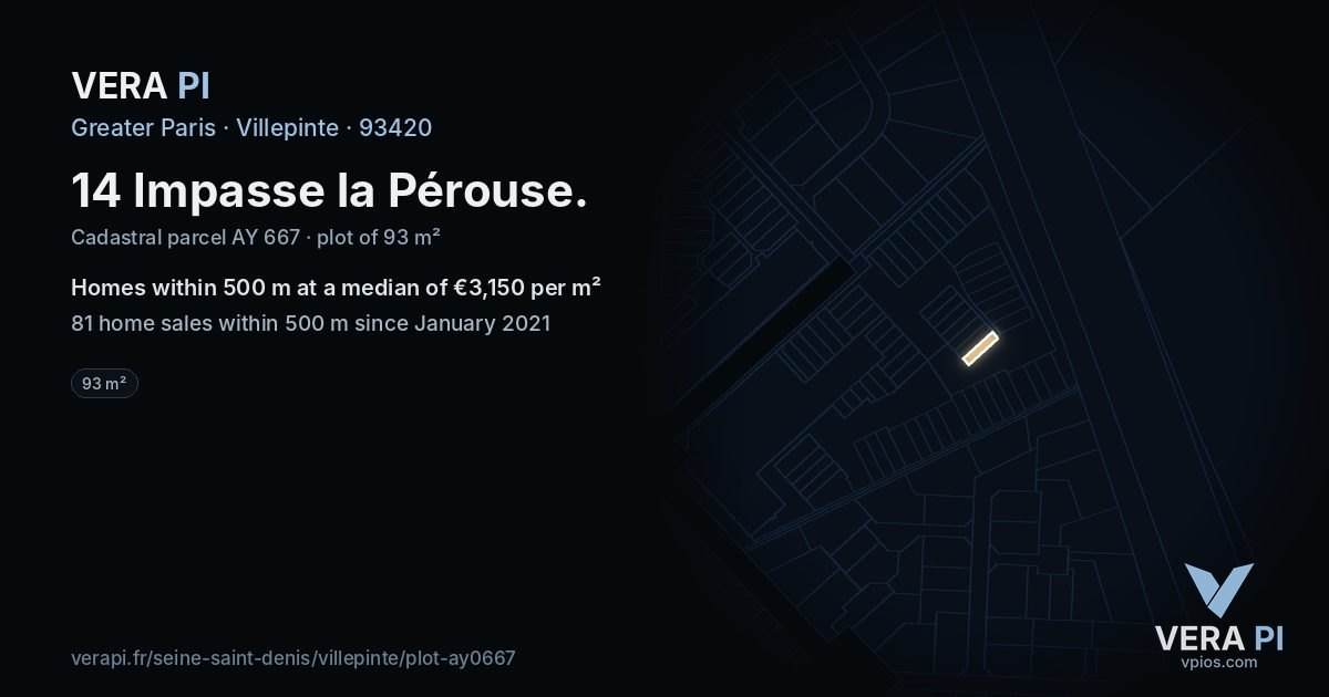 14 Impasse la Pérouse, Villepinte at night – the plot lit, the parcels around coloured by the prices near them