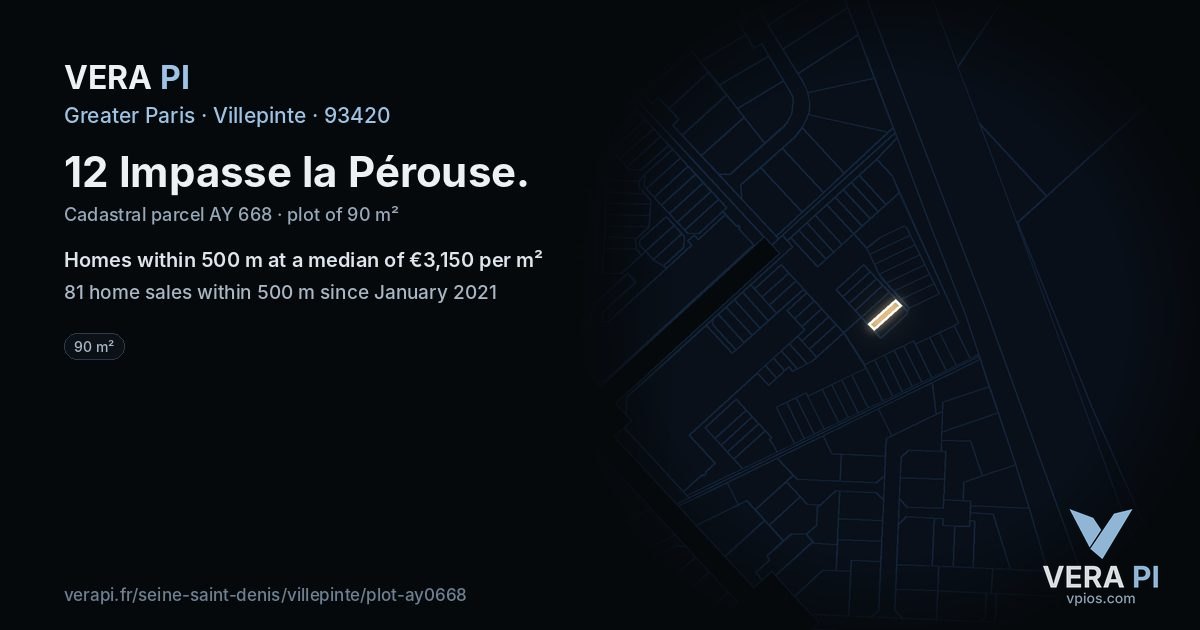 12 Impasse la Pérouse, Villepinte at night – the plot lit, the parcels around coloured by the prices near them